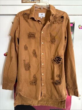Sixth June Dark Khaki Distressed Denim Long-Sleeve Button Down Shirt
